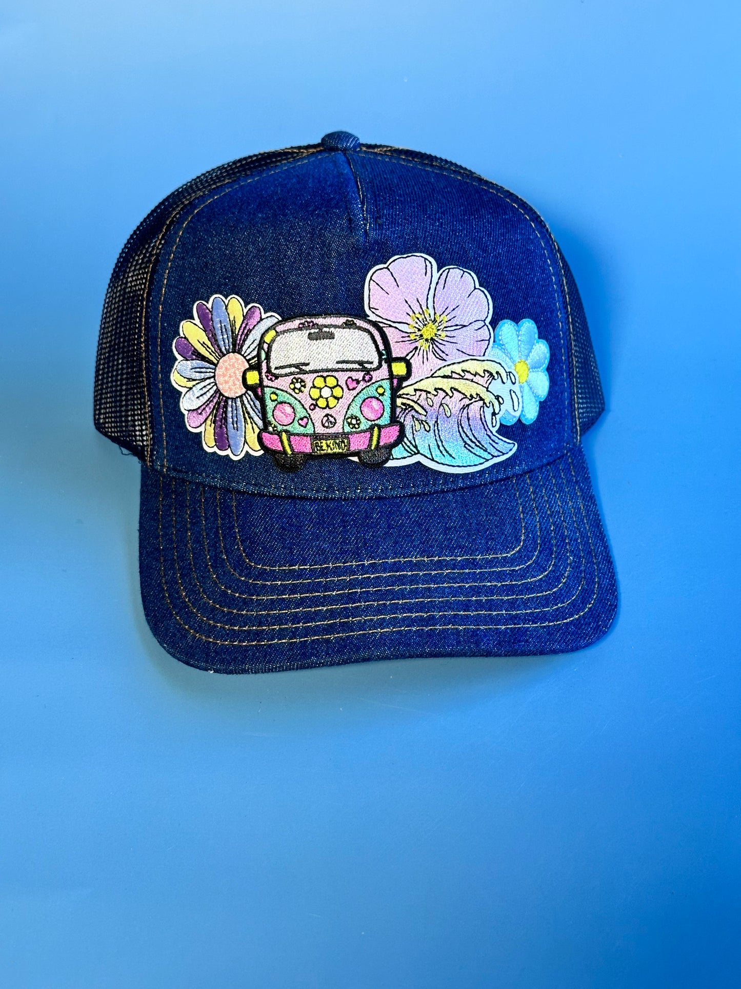 Beachy VW Bus Denim Happy Soul Trucker Hat