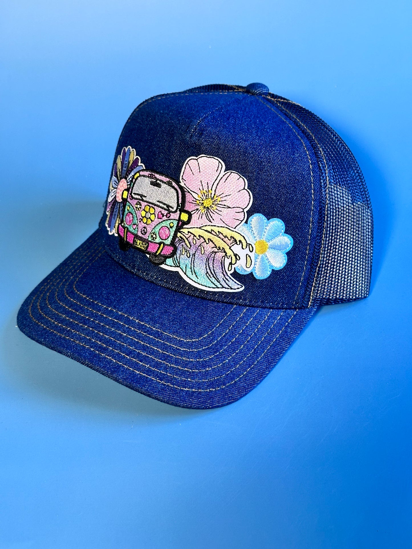 Beachy VW Bus Denim Happy Soul Trucker Hat