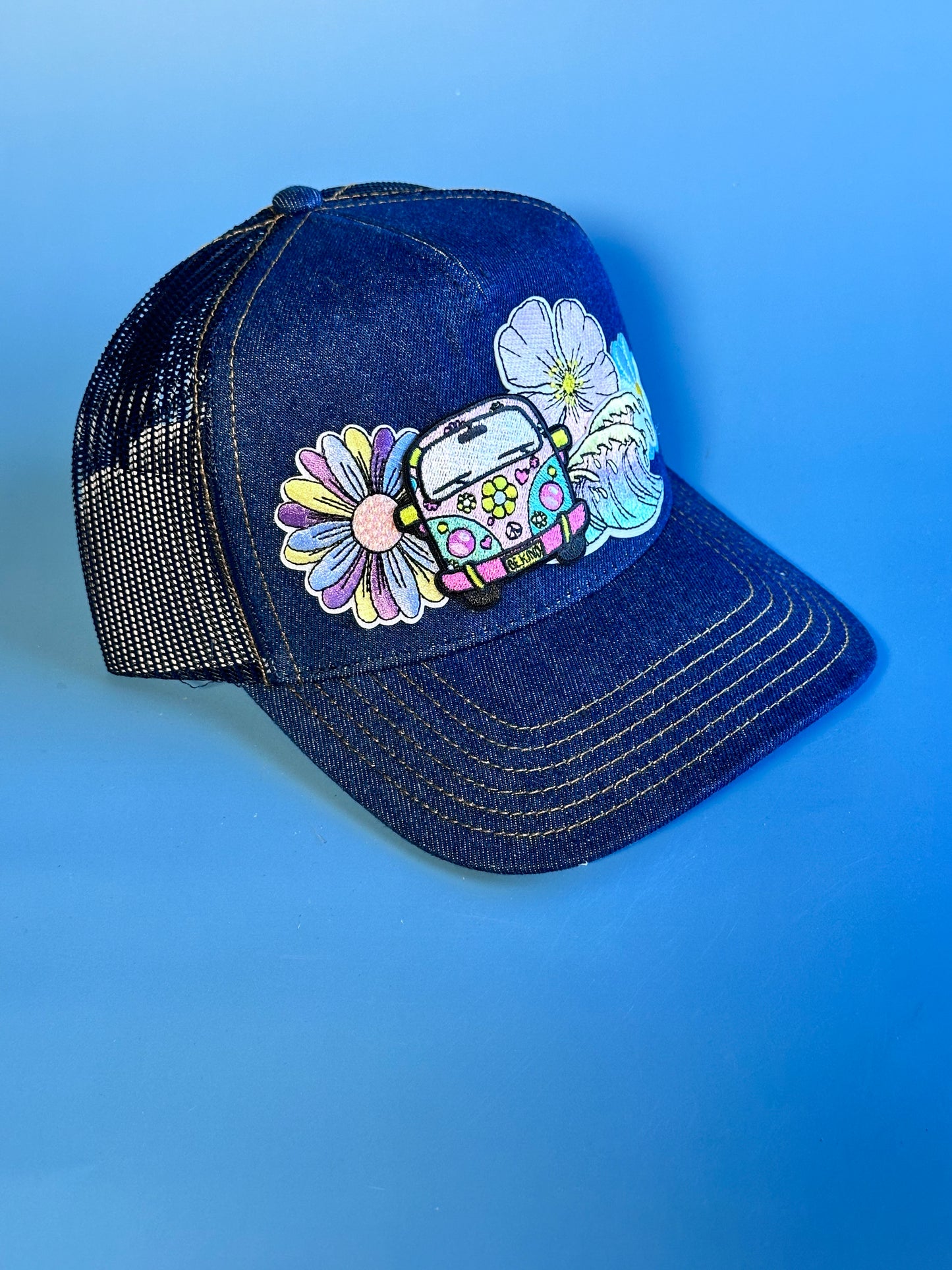 Beachy VW Bus Denim Happy Soul Trucker Hat