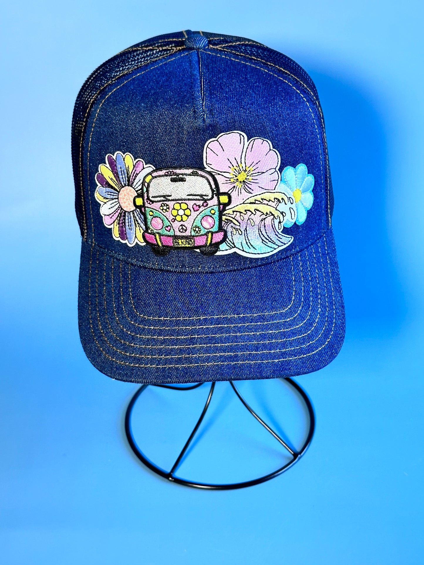 Beachy VW Bus Denim Happy Soul Trucker Hat