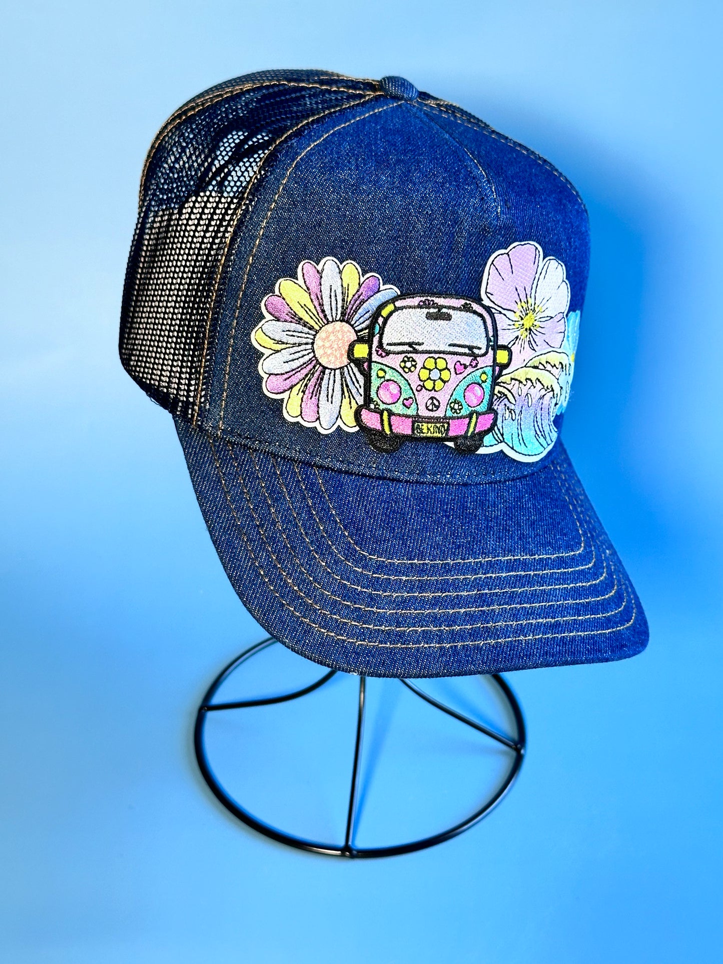 Beachy VW Bus Denim Happy Soul Trucker Hat