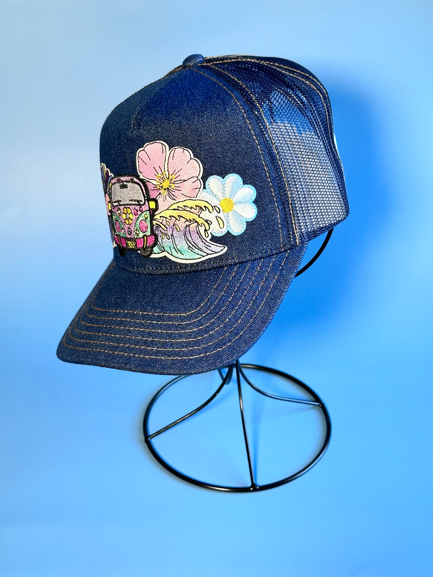 Beachy VW Bus Denim Happy Soul Trucker Hat