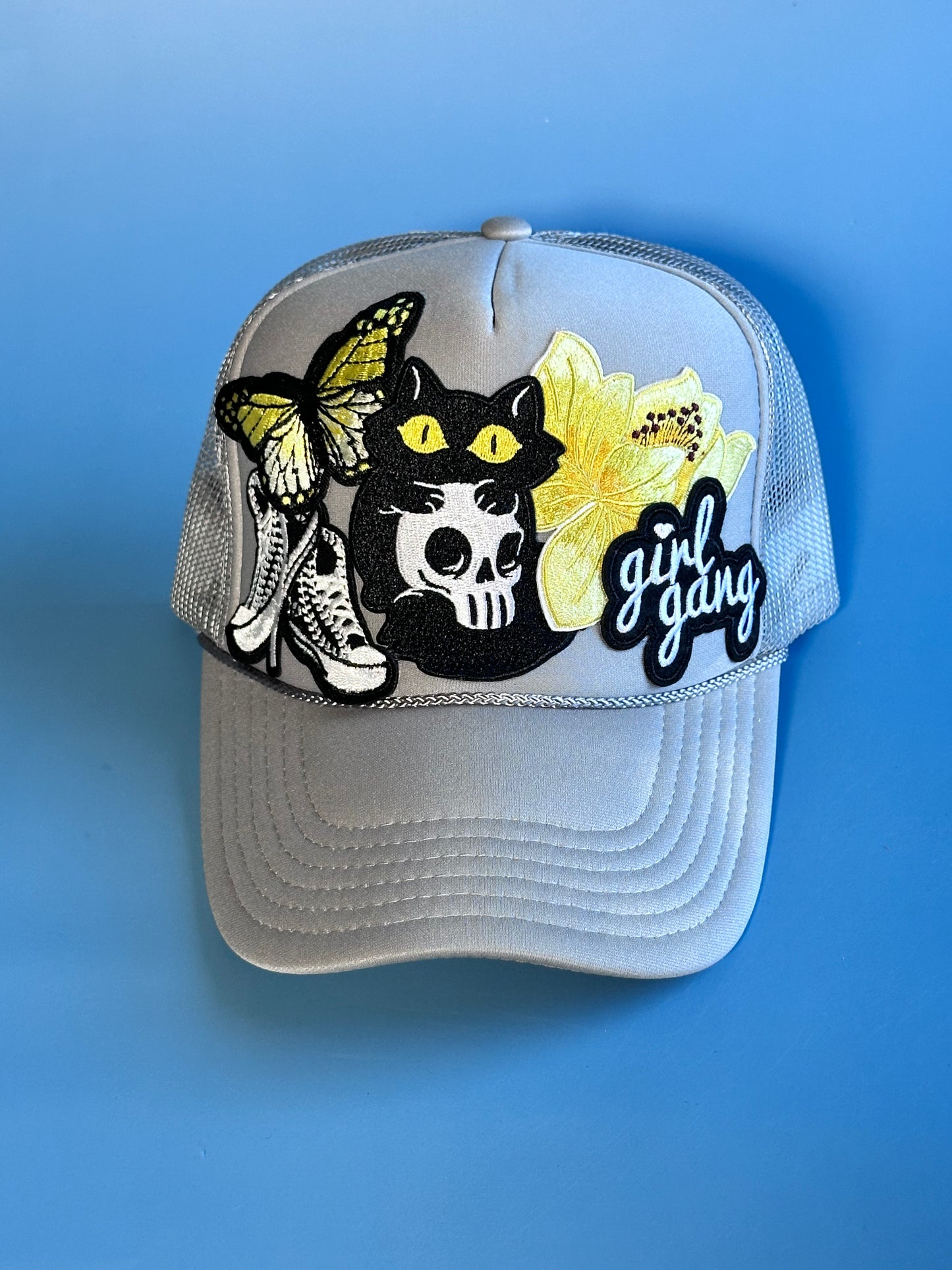 Edgy Grey, Black and Yellow Girl Gang Happy Soul Trucker Hat