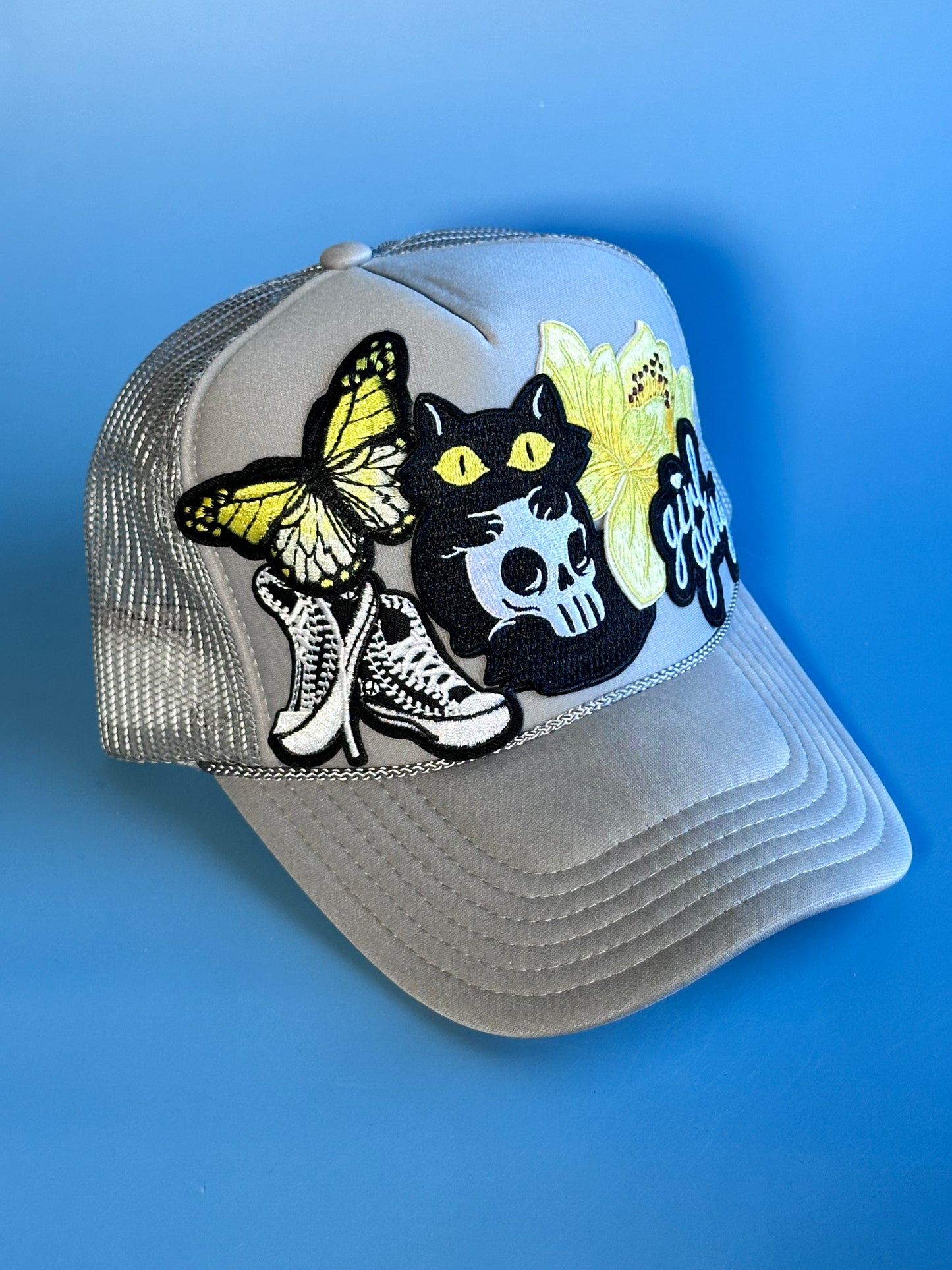 Edgy Grey, Black and Yellow Girl Gang Happy Soul Trucker Hat