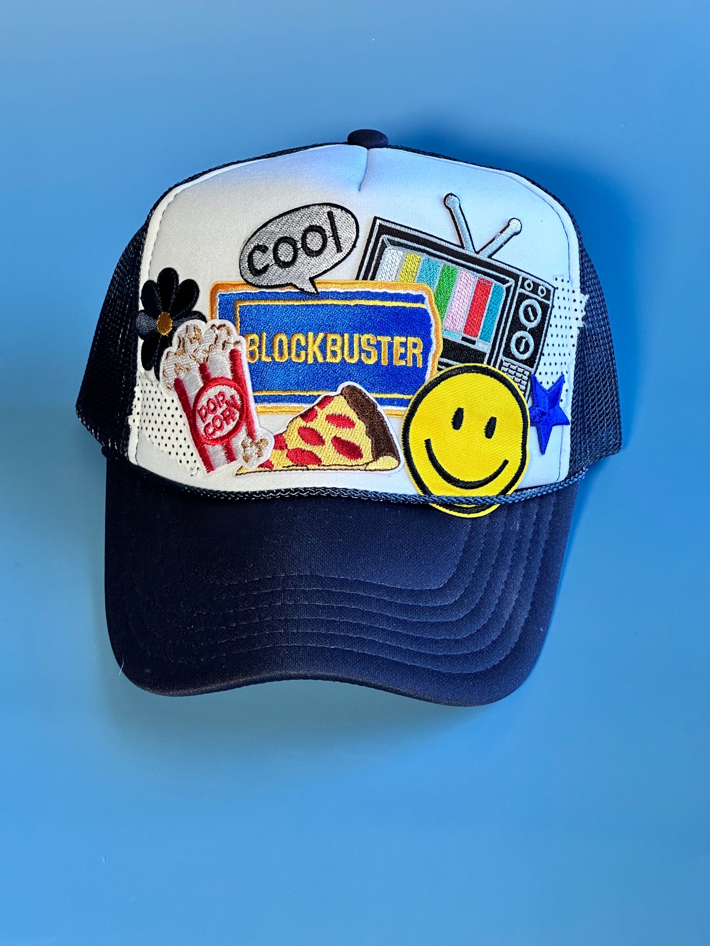 Retro Blockbuster White on Navy Happy Soul Trucker Hat