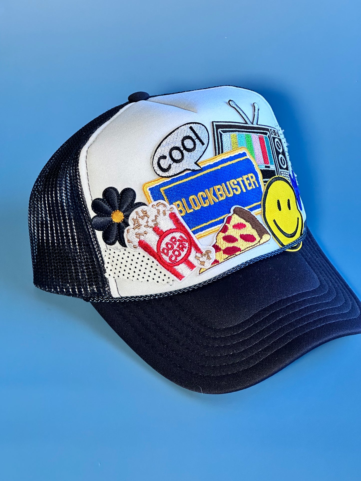 Retro Blockbuster White on Navy Happy Soul Trucker Hat