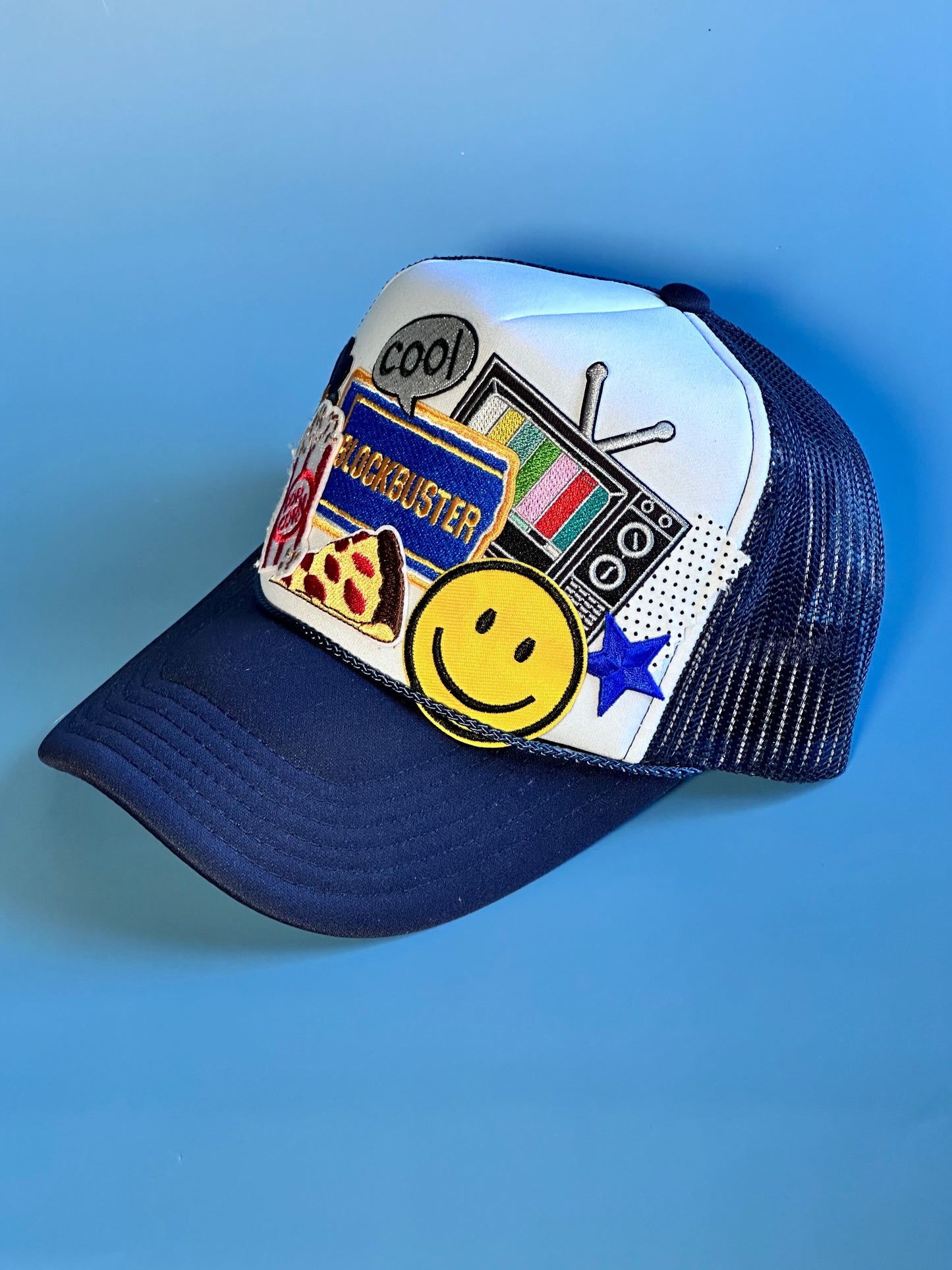 Retro Blockbuster White on Navy Happy Soul Trucker Hat
