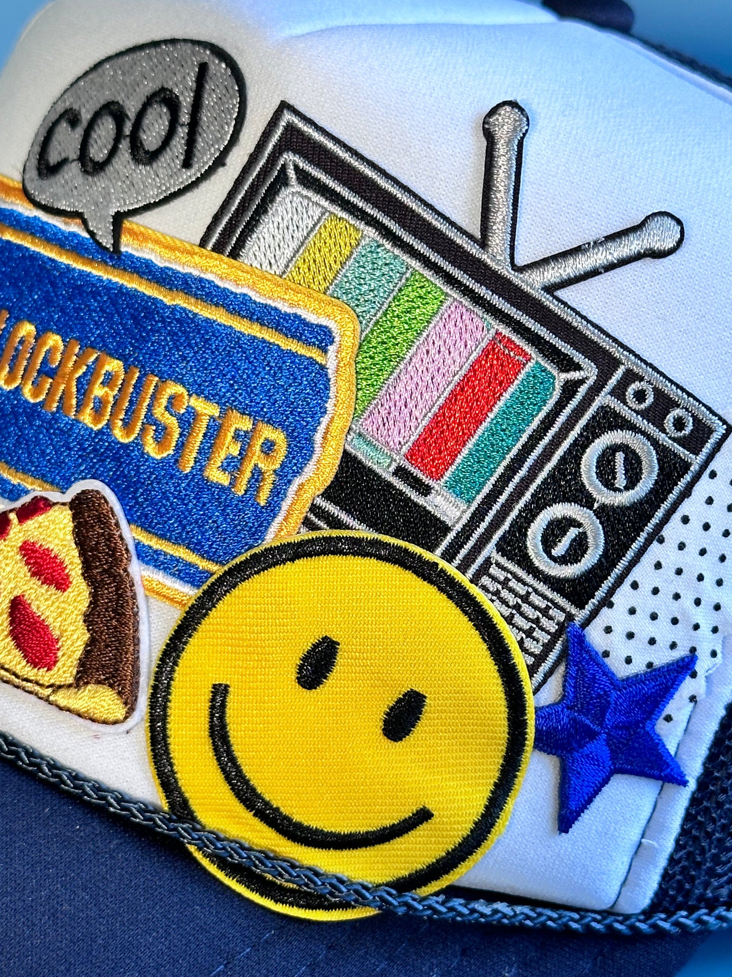 Retro Blockbuster White on Navy Happy Soul Trucker Hat