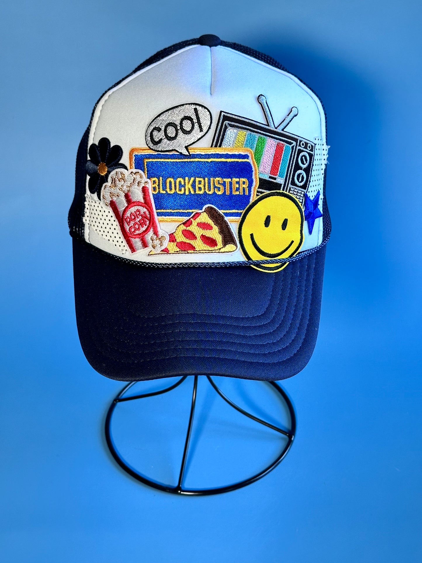 Retro Blockbuster White on Navy Happy Soul Trucker Hat