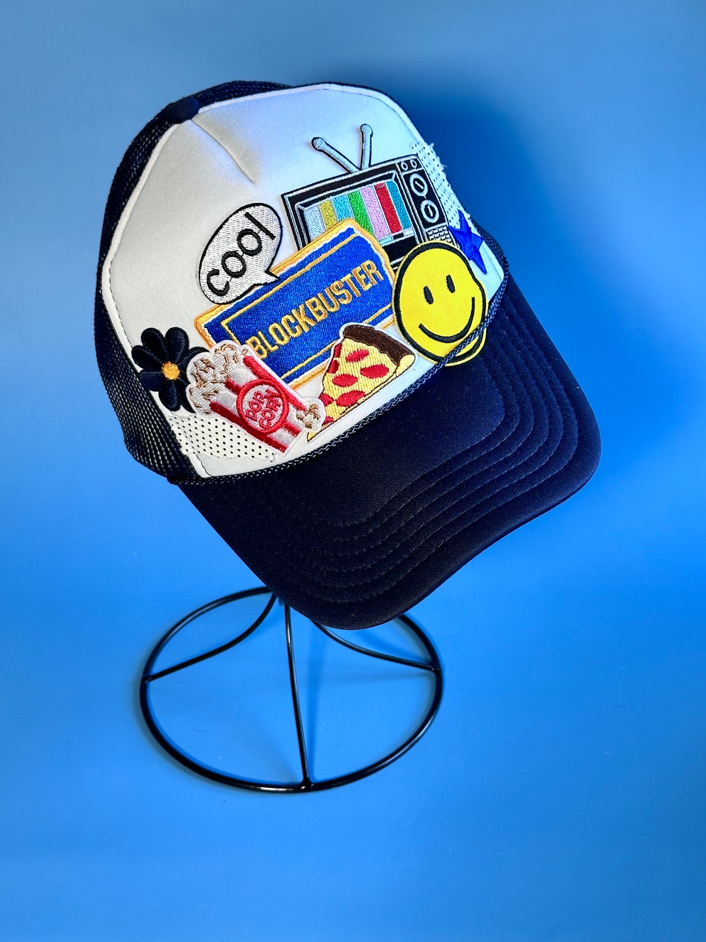 Retro Blockbuster White on Navy Happy Soul Trucker Hat