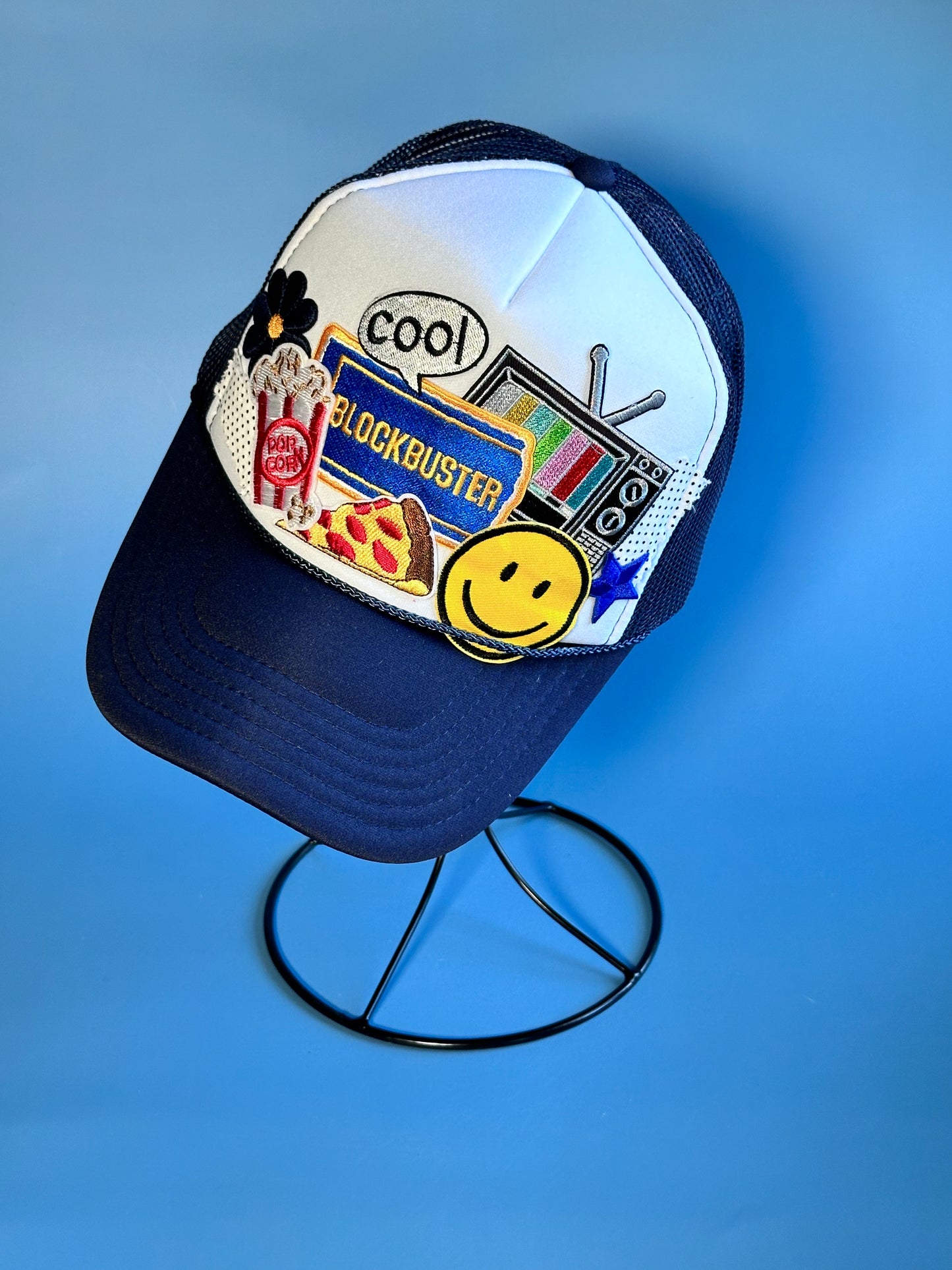 Retro Blockbuster White on Navy Happy Soul Trucker Hat