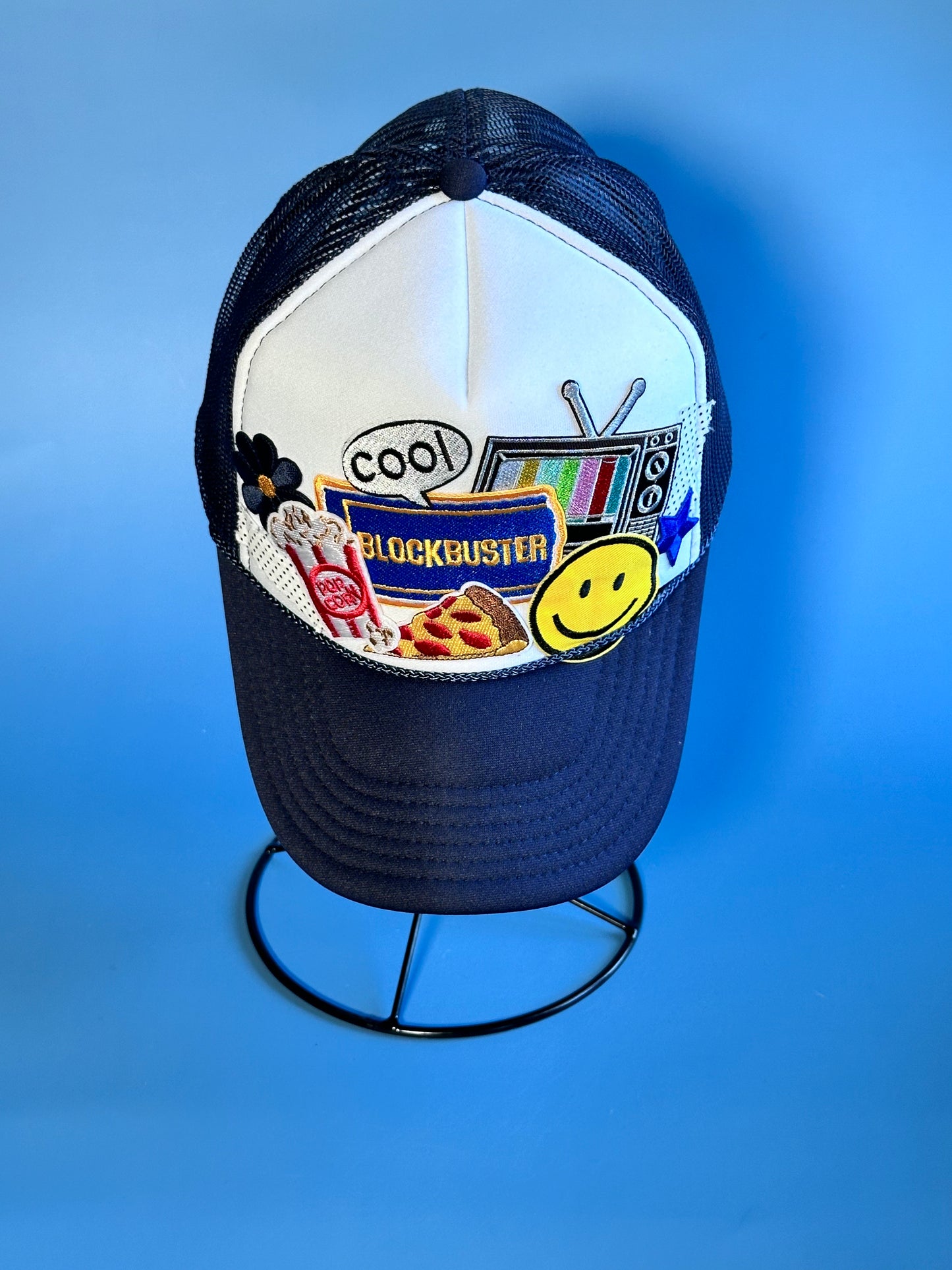 Retro Blockbuster White on Navy Happy Soul Trucker Hat