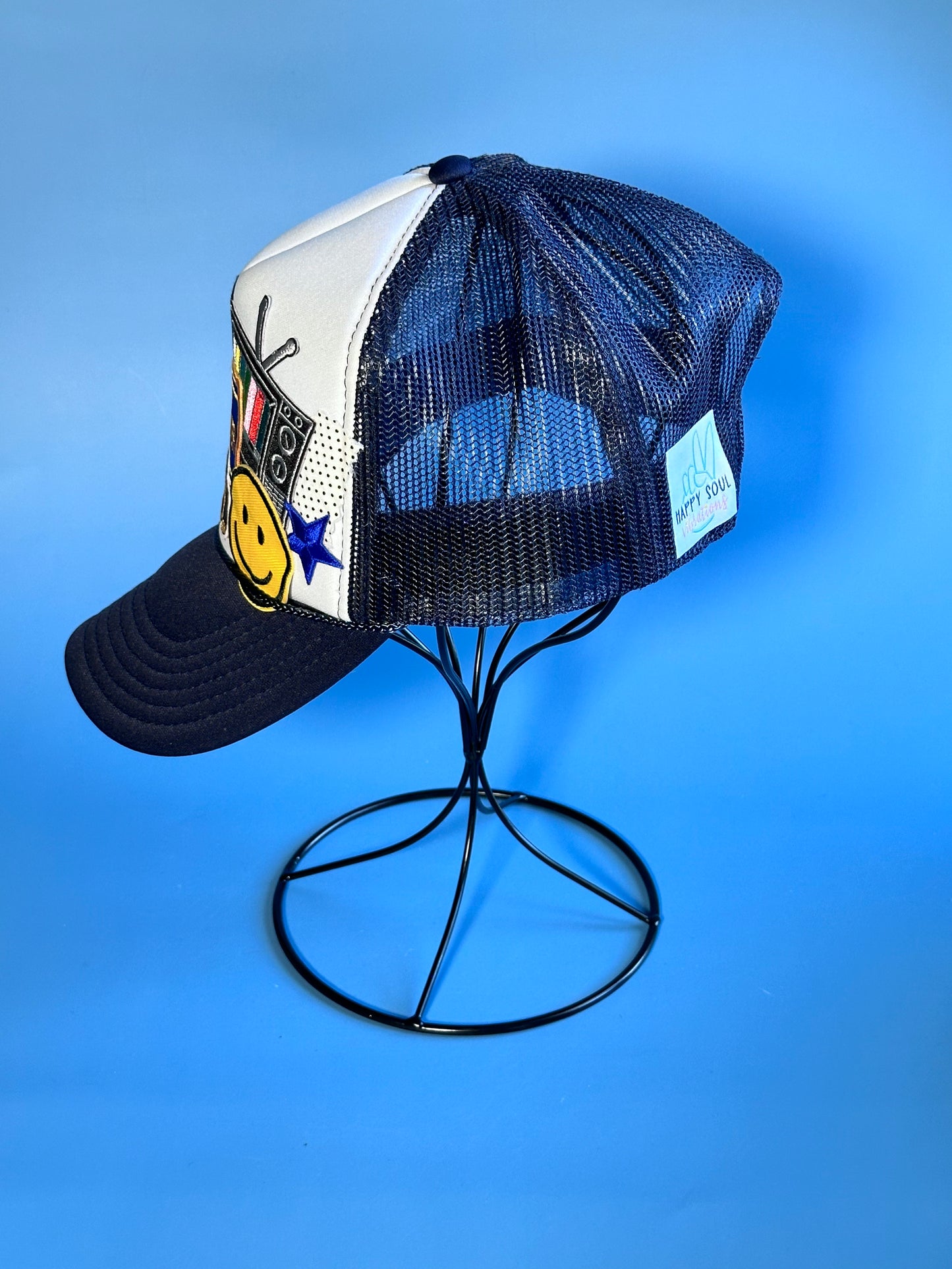 Retro Blockbuster White on Navy Happy Soul Trucker Hat