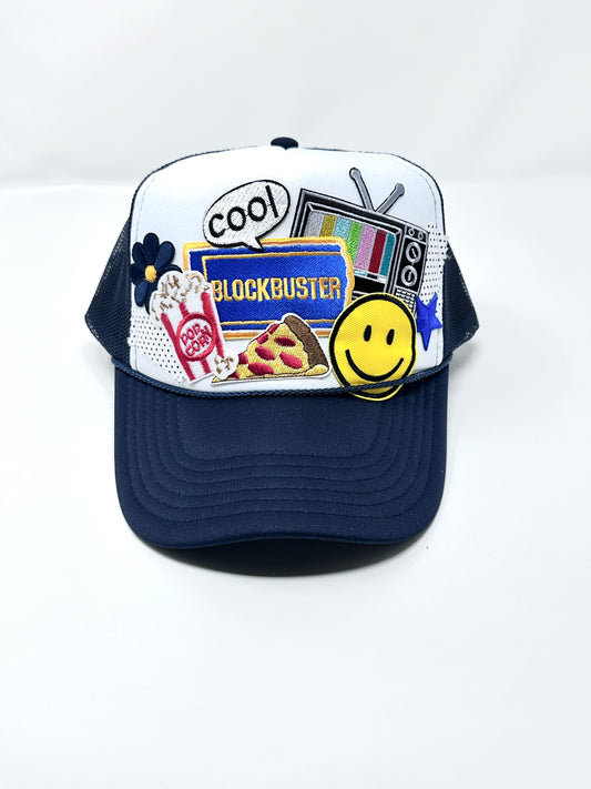 Retro Blockbuster White on Navy Happy Soul Trucker Hat