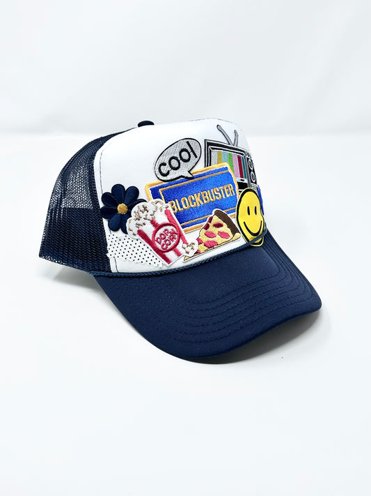 Retro Blockbuster White on Navy Happy Soul Trucker Hat