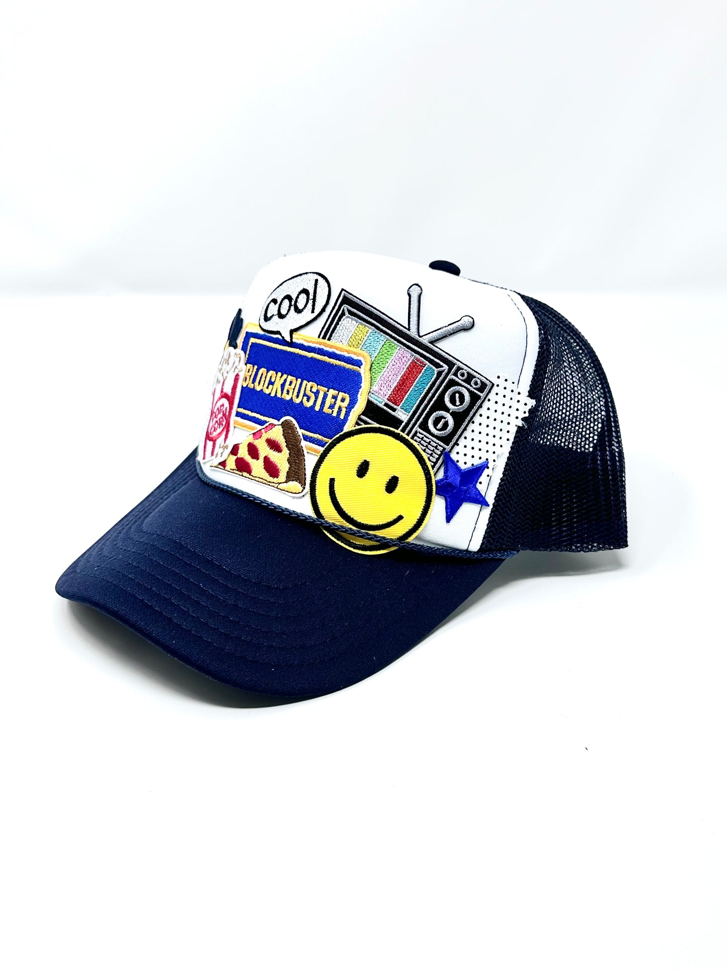 Retro Blockbuster White on Navy Happy Soul Trucker Hat
