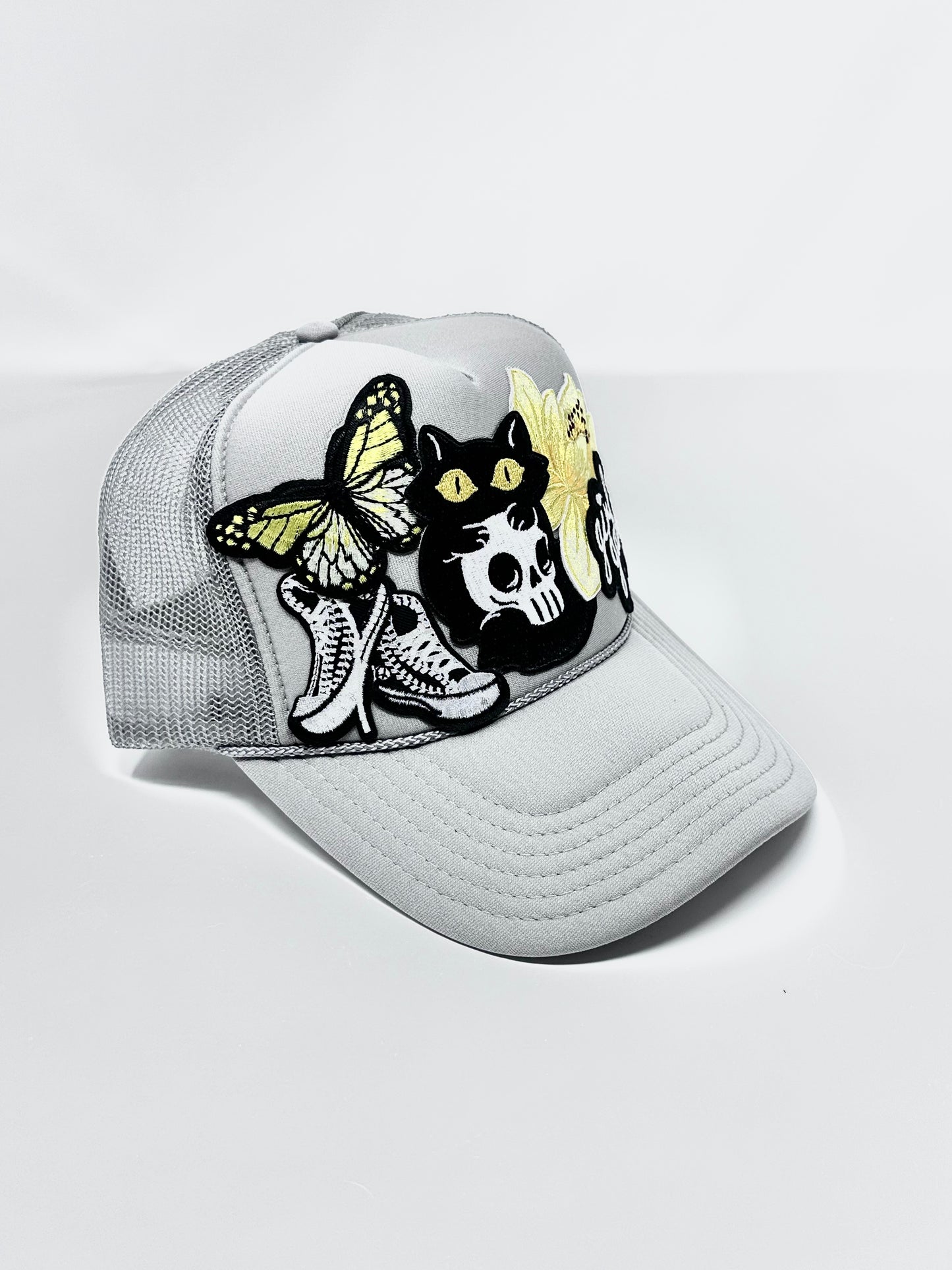 Edgy Grey, Black and Yellow Girl Gang Happy Soul Trucker Hat