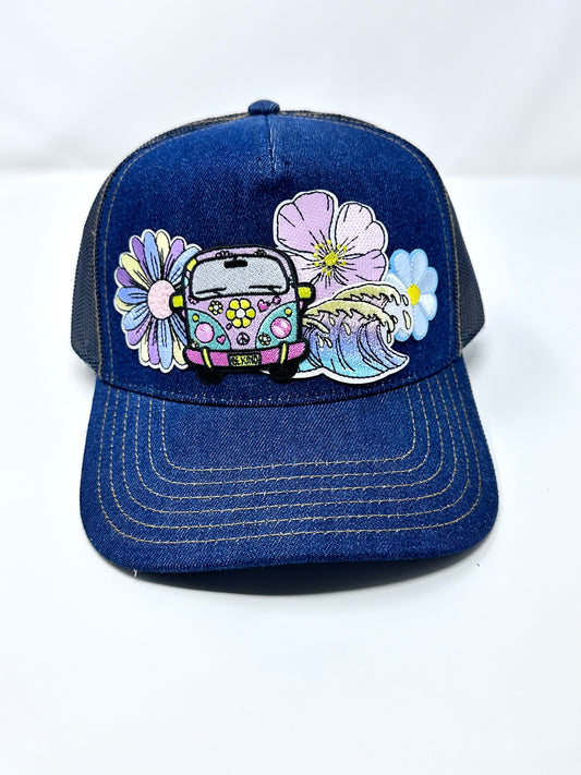 Beachy VW Bus Denim Happy Soul Trucker Hat