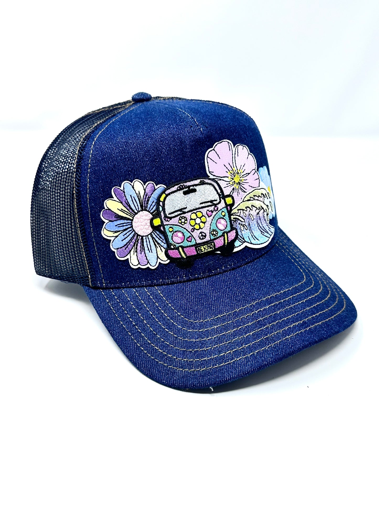 Beachy VW Bus Denim Happy Soul Trucker Hat