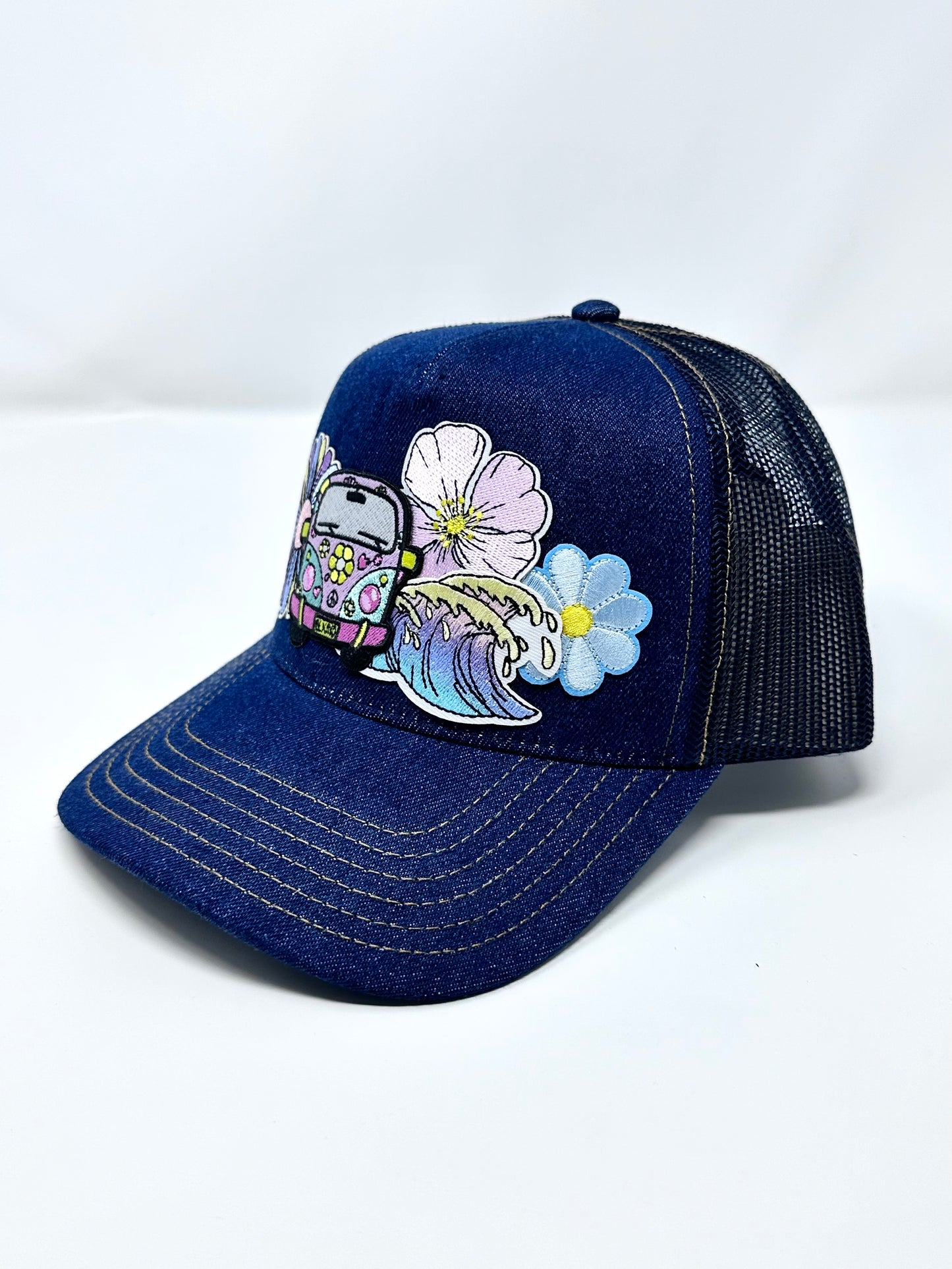 Beachy VW Bus Denim Happy Soul Trucker Hat