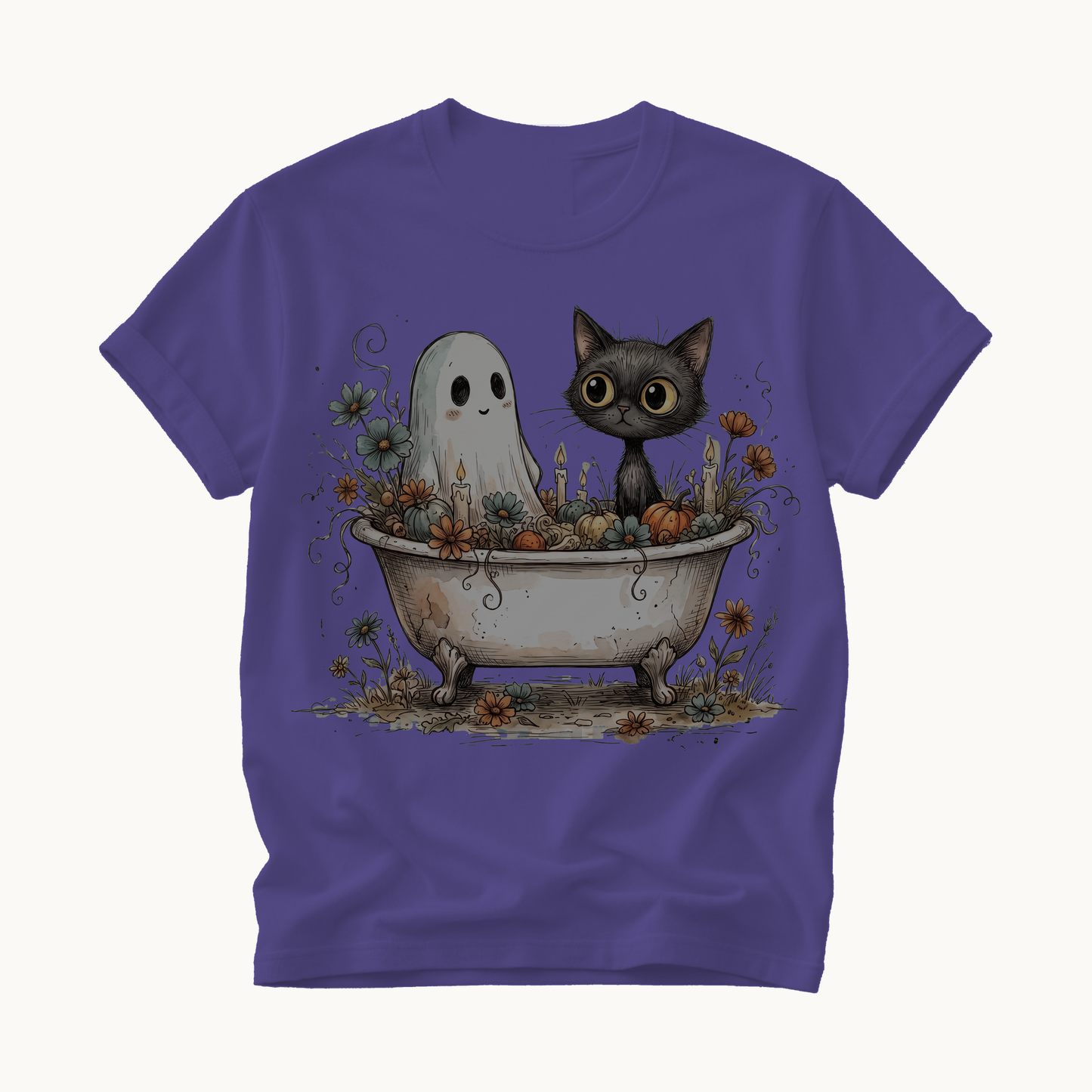 Ghost and Cat Bathtub Shirt | Funny Halloween T-Shirt | Whimsical Spooky Bath Tee