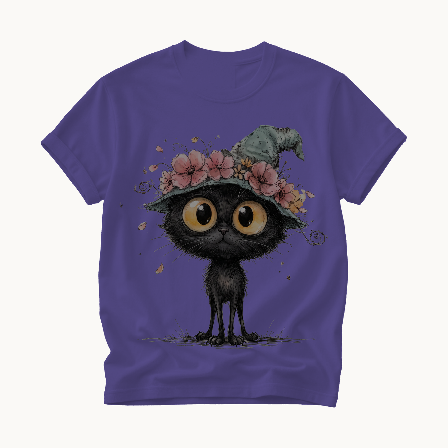 Black Cat Witch Hat Shirt | Cute Halloween T-Shirt for Women | Whimsical Spooky Season Tee