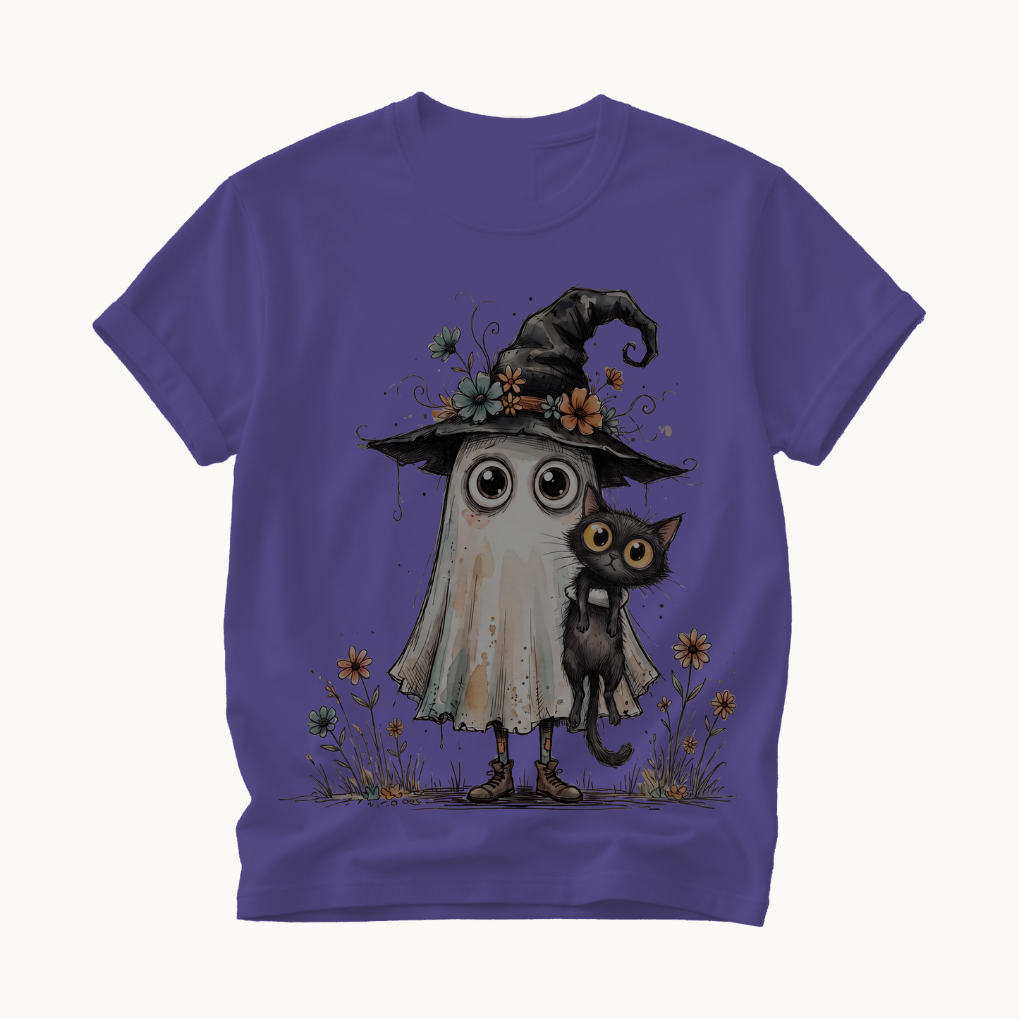 Ghost and Black Cat Shirt | Cute Halloween T-Shirt Women | Witchy Whimsical Tee