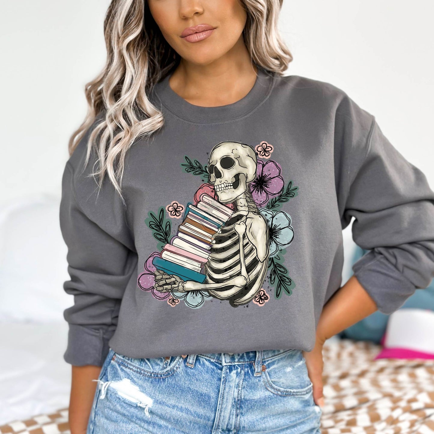 Floral Skeleton Book Stack Pullover