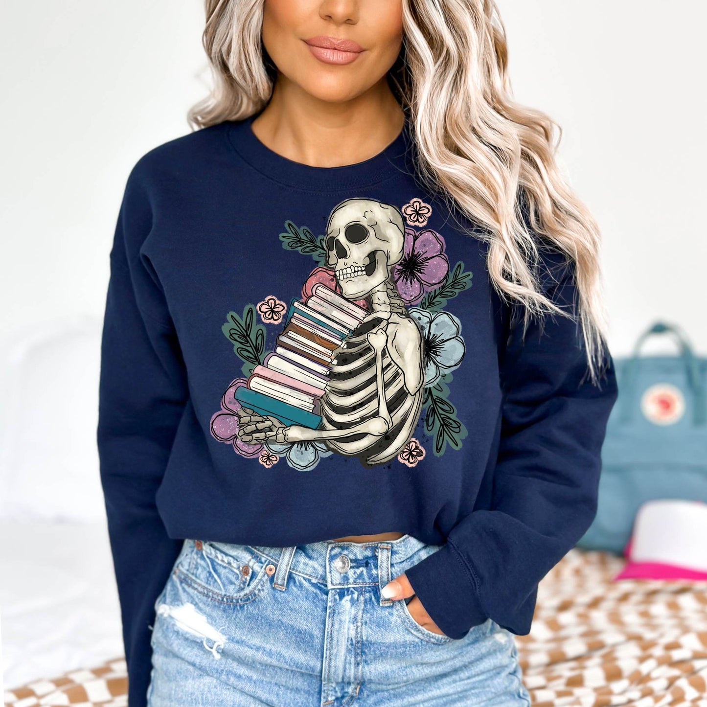 Floral Skeleton Book Stack Pullover
