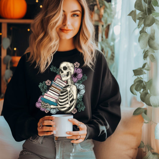 Floral Skeleton Book Stack Pullover
