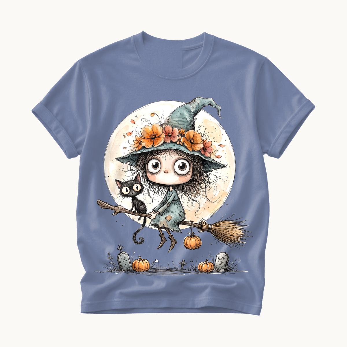 Witch on Broom Shirt | Full Moon Halloween T-Shirt Women | Whimsical Witch and Cat Tee
