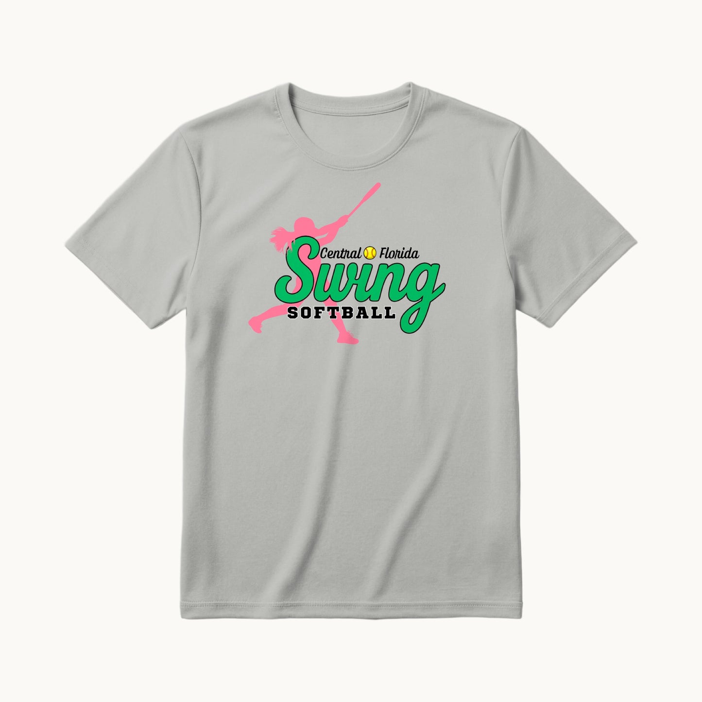 Swing Green front, Central Florida Swing Softball coach shirt in silver