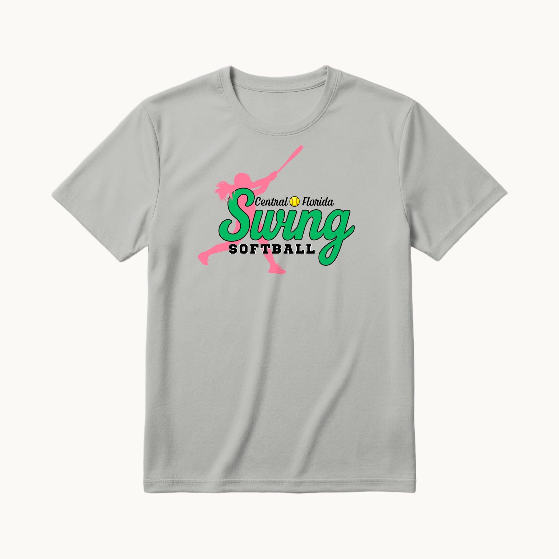Swing Green front, Central Florida Swing Softball coach shirt in silver