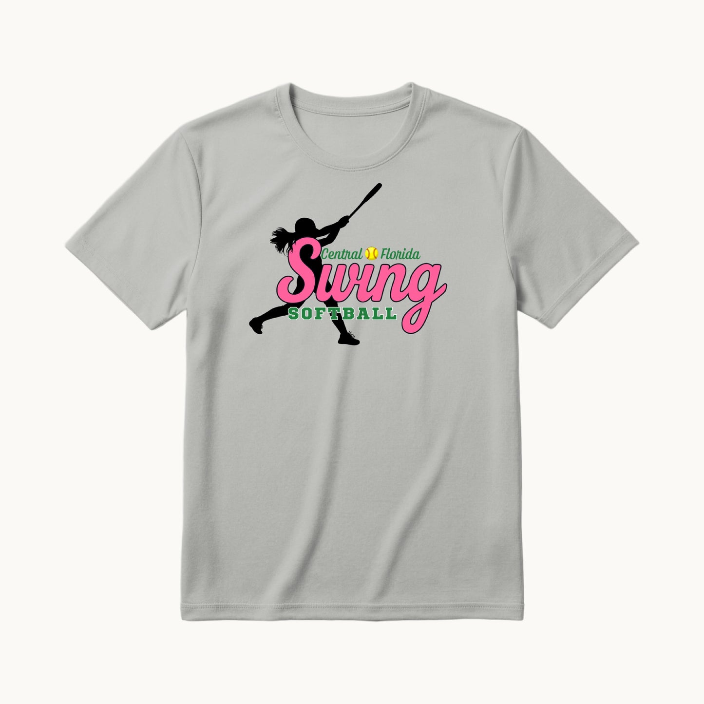 Swing Pink front, Central Florida Swing Softball coach shirt in silver