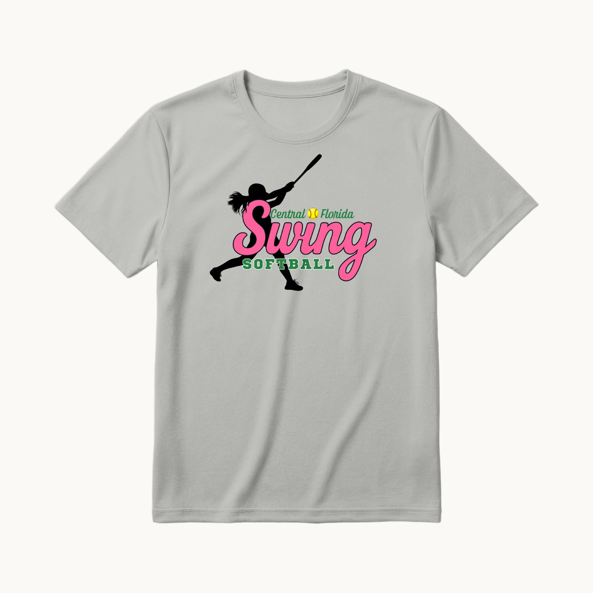 Swing Pink front, Central Florida Swing Softball coach shirt in silver