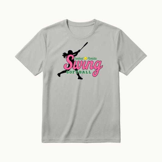 Swing Pink front, Central Florida Swing Softball coach shirt in silver