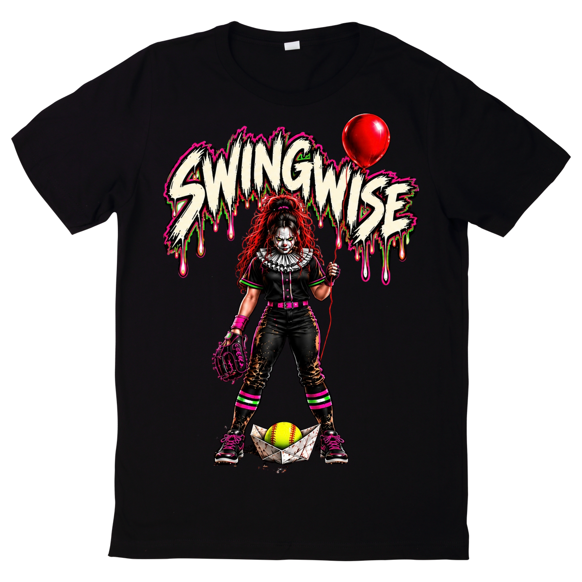 Front of the black Swing 10U Halloween tee, Swingwise design