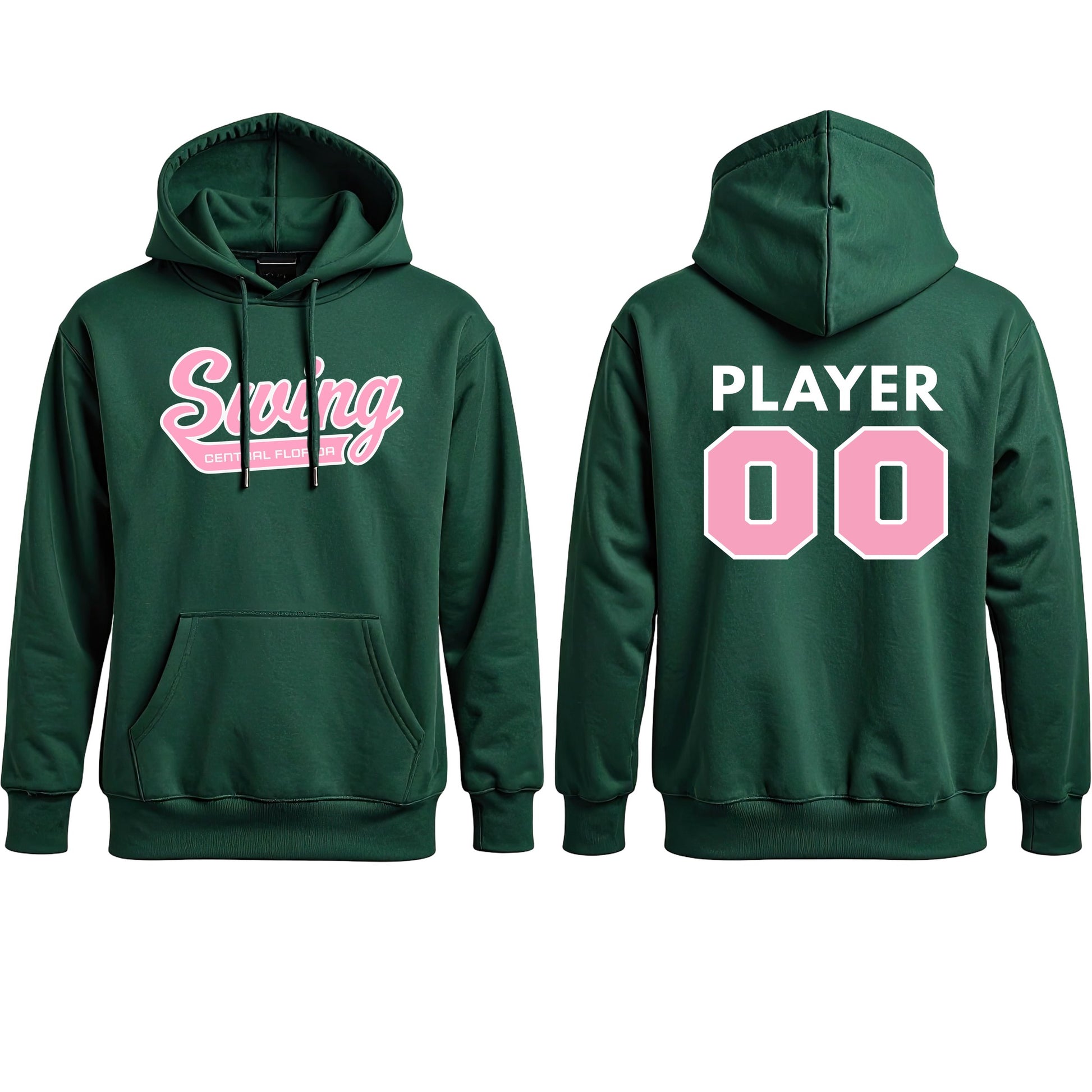Swing Softball family hoodie, Pink Swing, Forest Green, pair