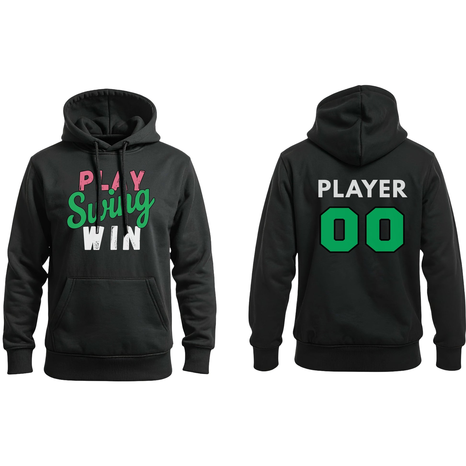 Swing Softball family hoodie, Play Swing Win, Black, pair