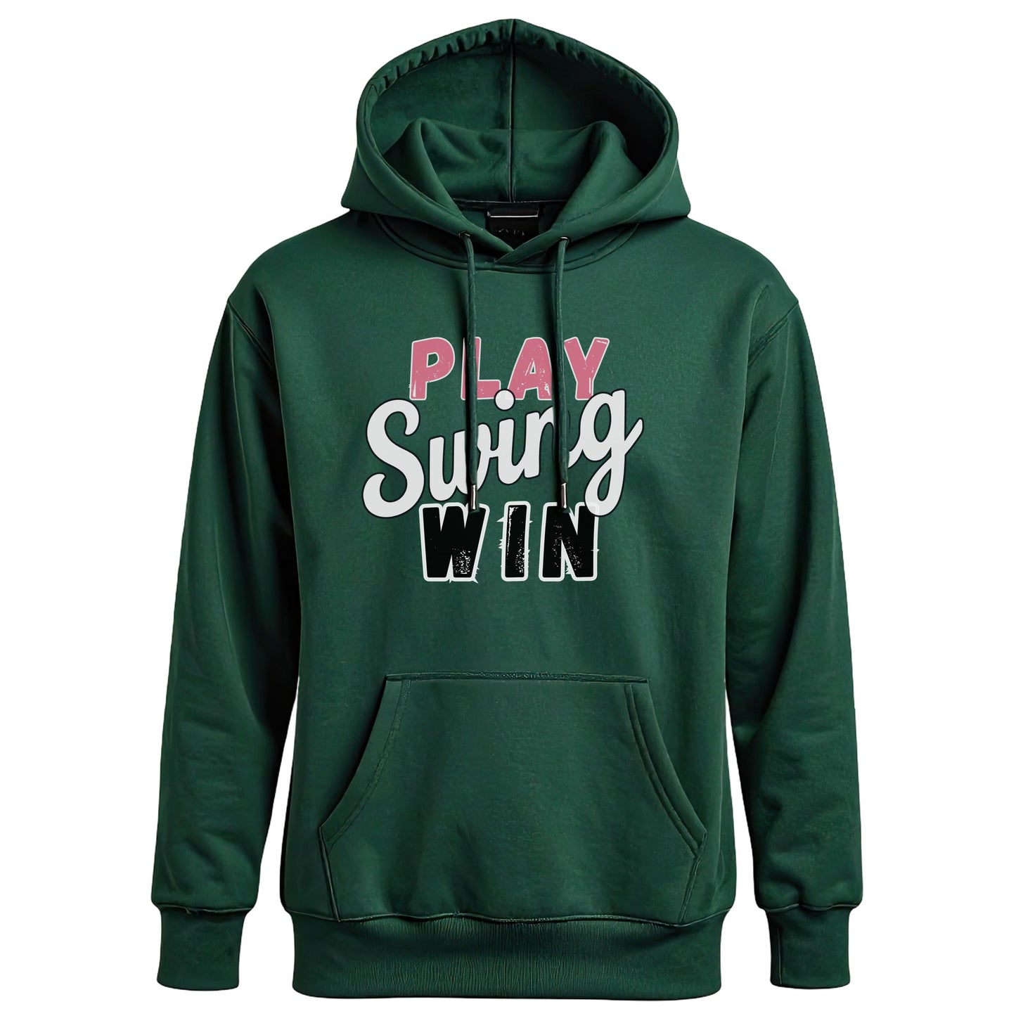 Swing Softball family hoodie, Play Swing Win, Forest Green, front