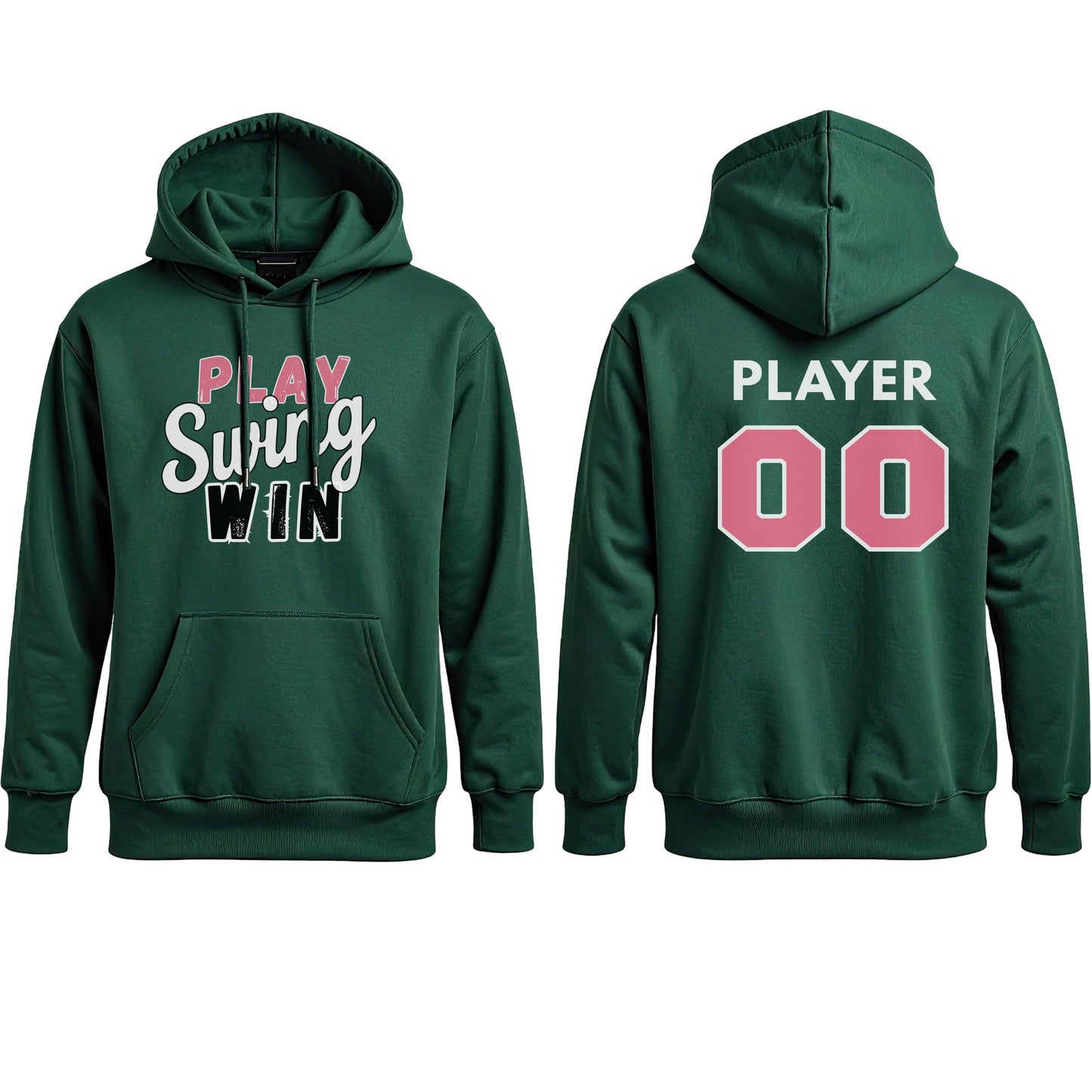 Swing Softball family hoodie, Play Swing Win, Forest Green, pair