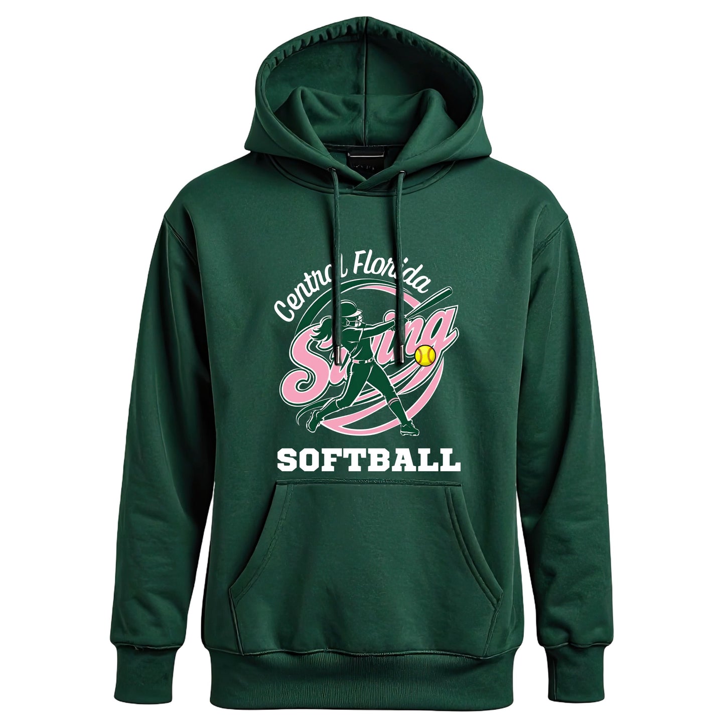 Swing Softball family hoodie, New Logo, Forest Green, front