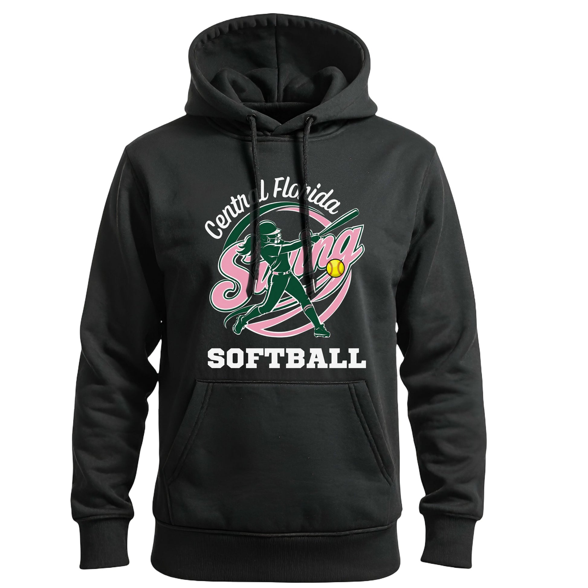 Swing Softball player hoodie, New Logo design, Black, front