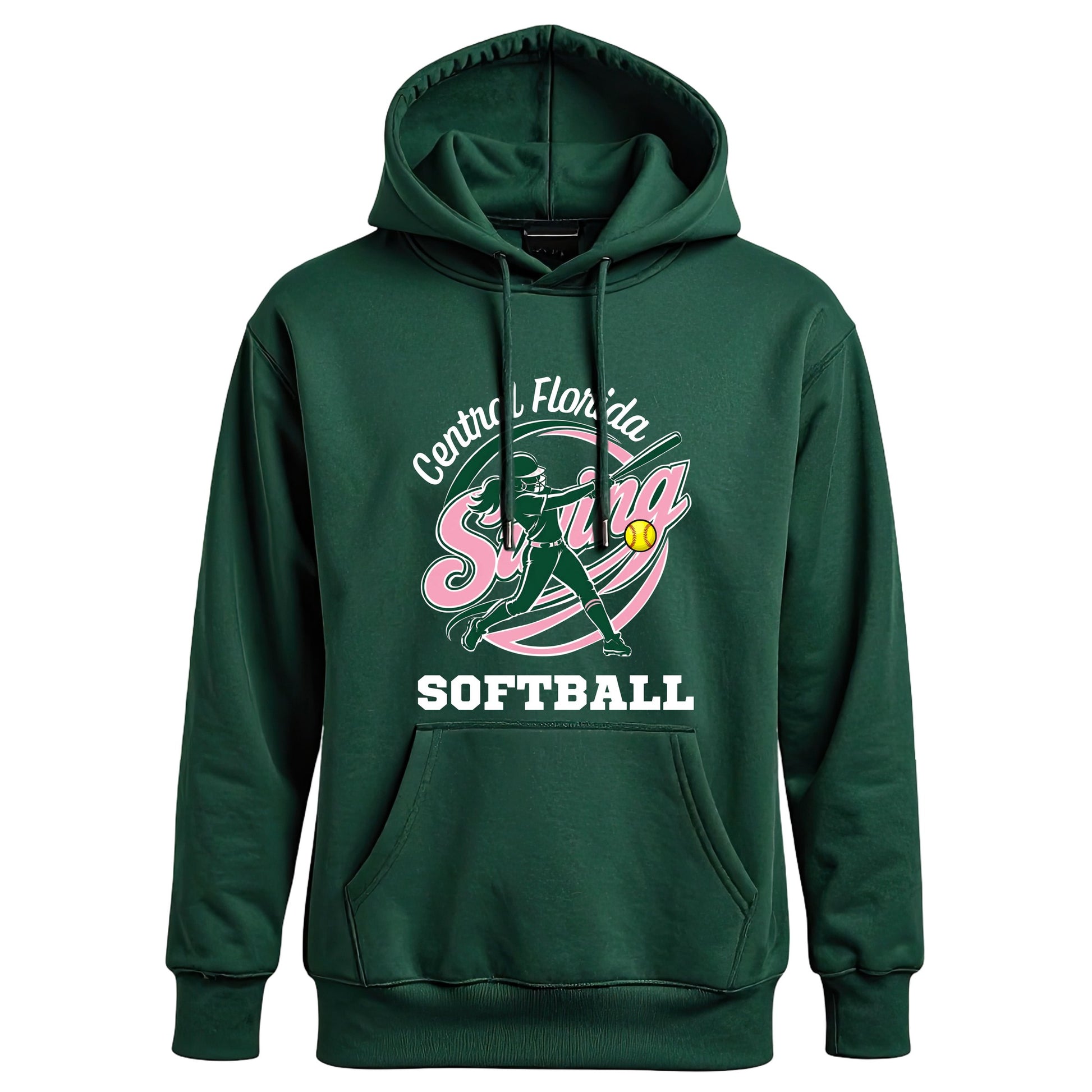 Swing Softball player hoodie, New Logo design, Forest Green, front