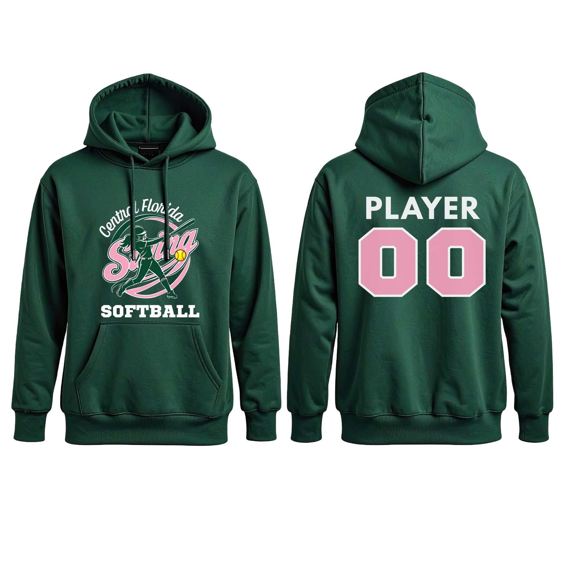 Swing Softball player hoodie, New Logo design, Forest Green, pair