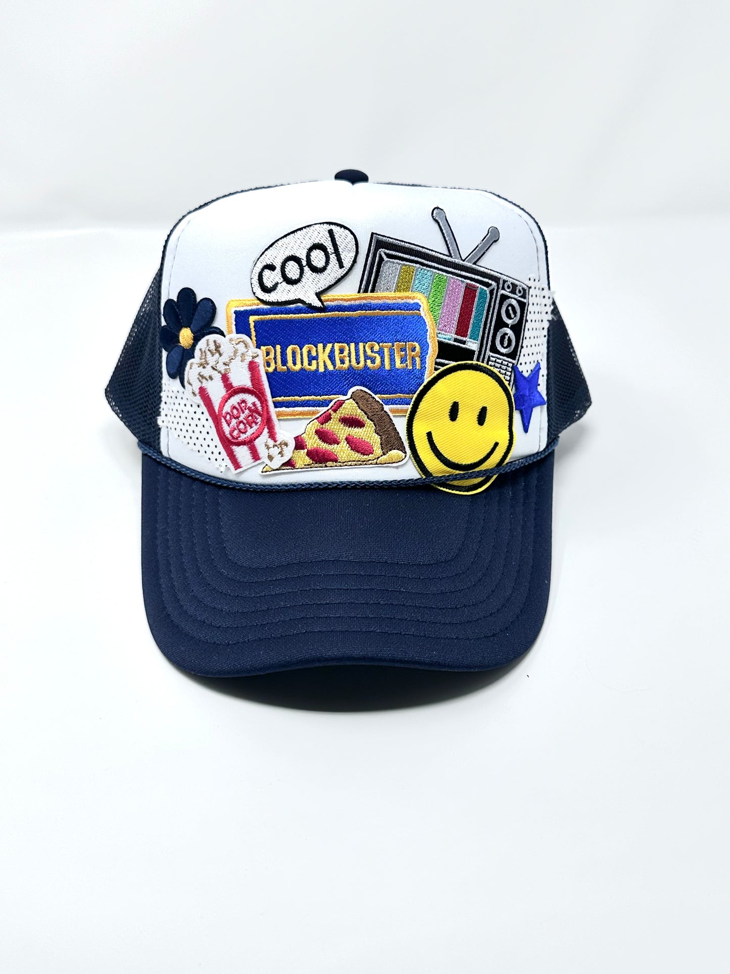 Retro Blockbuster White on Navy Happy Soul Trucker Hat