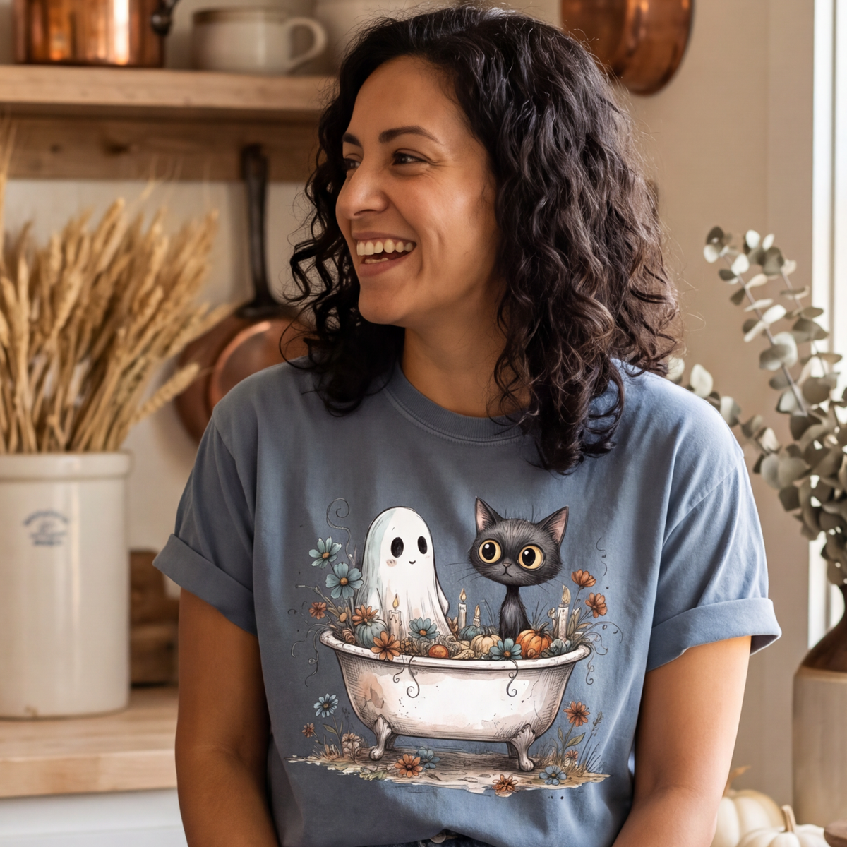 Ghost and Cat Bathtub Shirt | Funny Halloween T-Shirt | Whimsical Spooky Bath Tee