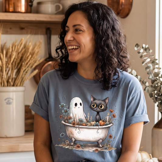 Ghost and Cat Bathtub Shirt | Funny Halloween T-Shirt | Whimsical Spooky Bath Tee