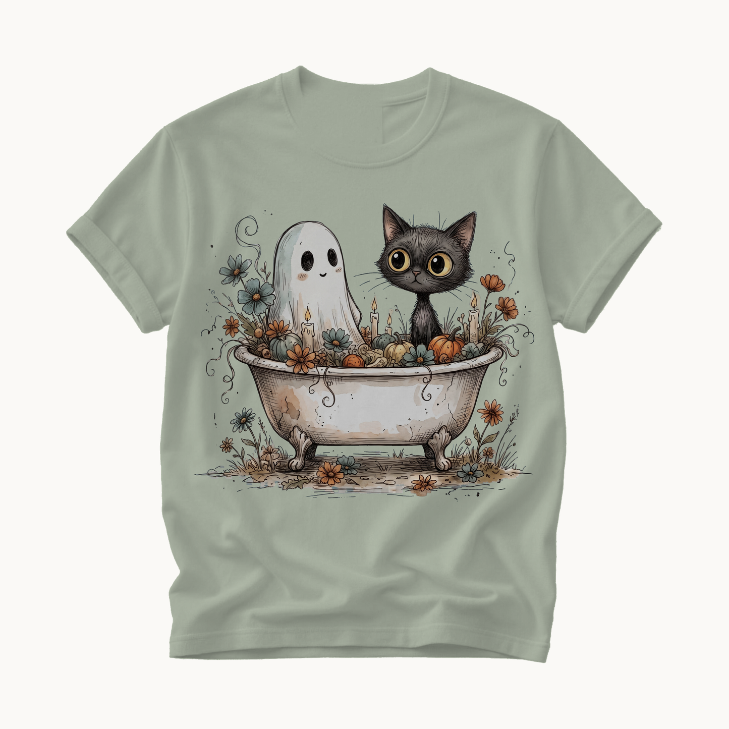 Ghost and Cat Bathtub Shirt | Funny Halloween T-Shirt | Whimsical Spooky Bath Tee