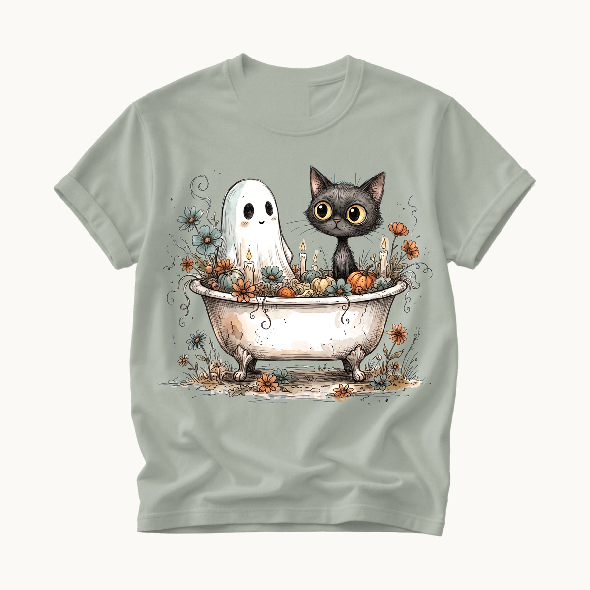 Ghost and Cat Bathtub Shirt | Funny Halloween T-Shirt | Whimsical Spooky Bath Tee